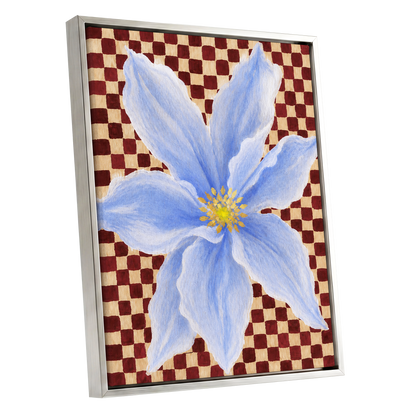 Blue Bloom Checkmate, blue, white, red floral wall art shown as a silver framed canvas wall art