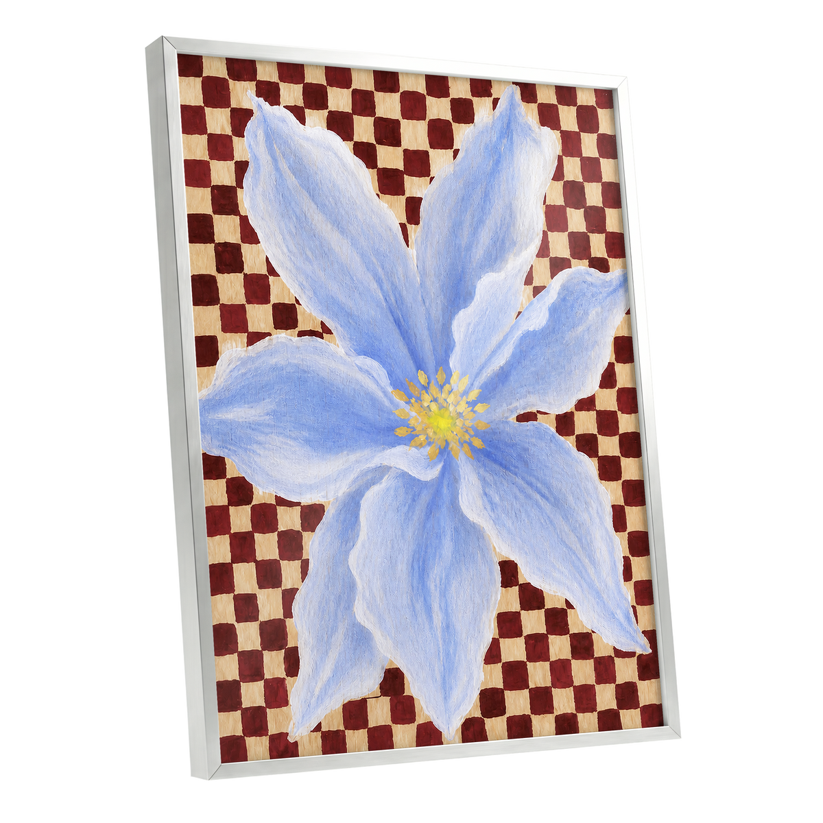 Blue Bloom Checkmate, blue, white, red floral wall art shown as a silver framed poster wall art print