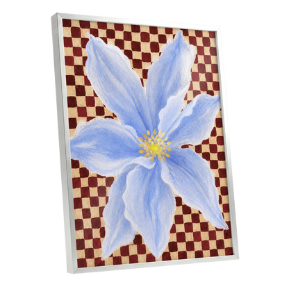Blue Bloom Checkmate, blue, white, red floral wall art shown as a silver framed poster wall art print