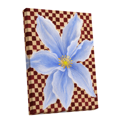 Blue Bloom Checkmate, blue, white, red floral wall art shown as a stretched canvas wall art