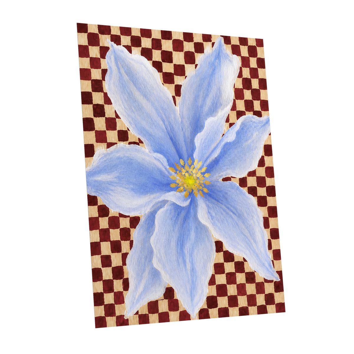 Blue Bloom Checkmate, blue, white, red floral wall art shown as a unframed poster wall art print