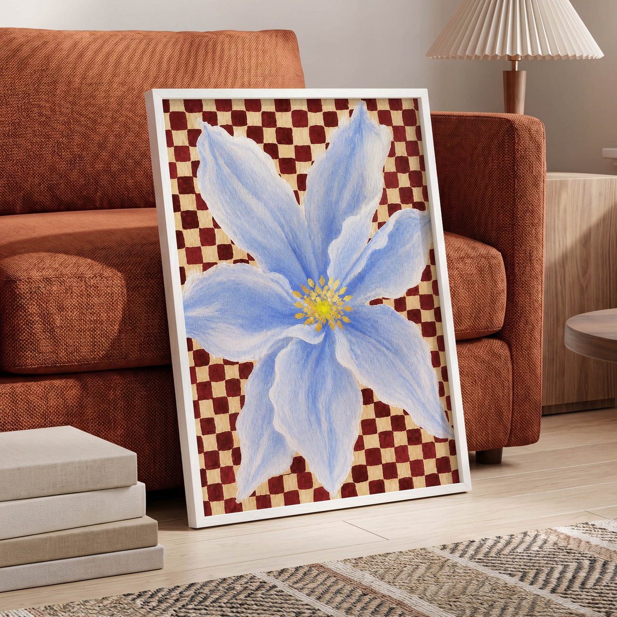 Blue Bloom Checkmate, blue, white, red floral wall art displayed in a styled interior, gallery view 2