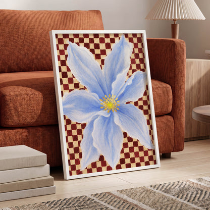 Blue Bloom Checkmate, blue, white, red floral wall art displayed in a styled interior, gallery view 2