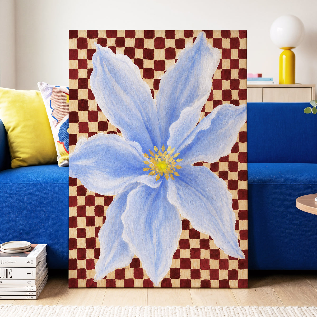 Blue Bloom Checkmate, blue, white, red floral wall art displayed in a styled interior, gallery view 3