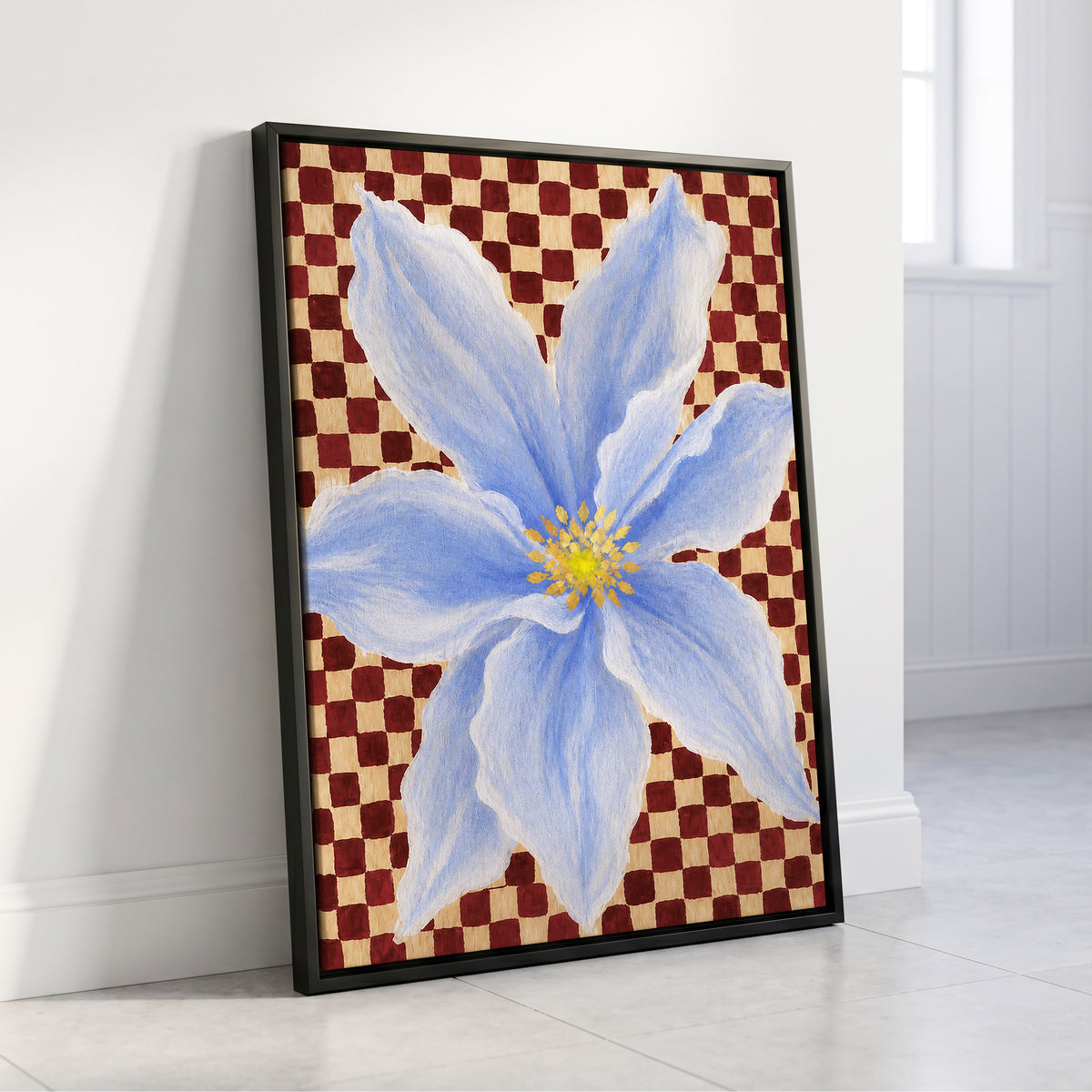 Blue Bloom Checkmate, blue, white, red floral wall art displayed in a styled interior, gallery view 4