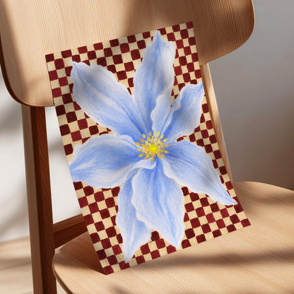 Blue Bloom Checkmate, blue, white, red floral wall art displayed in a styled interior, gallery view 5