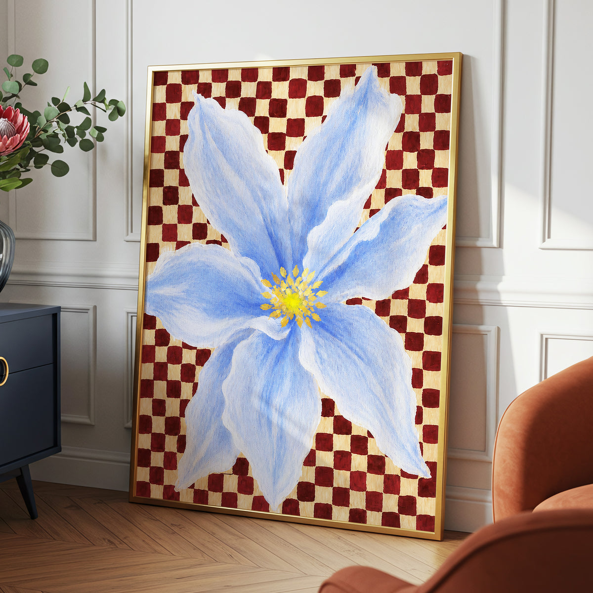 Blue Bloom Checkmate, blue, white, red floral wall art displayed in a styled interior, gallery view 6