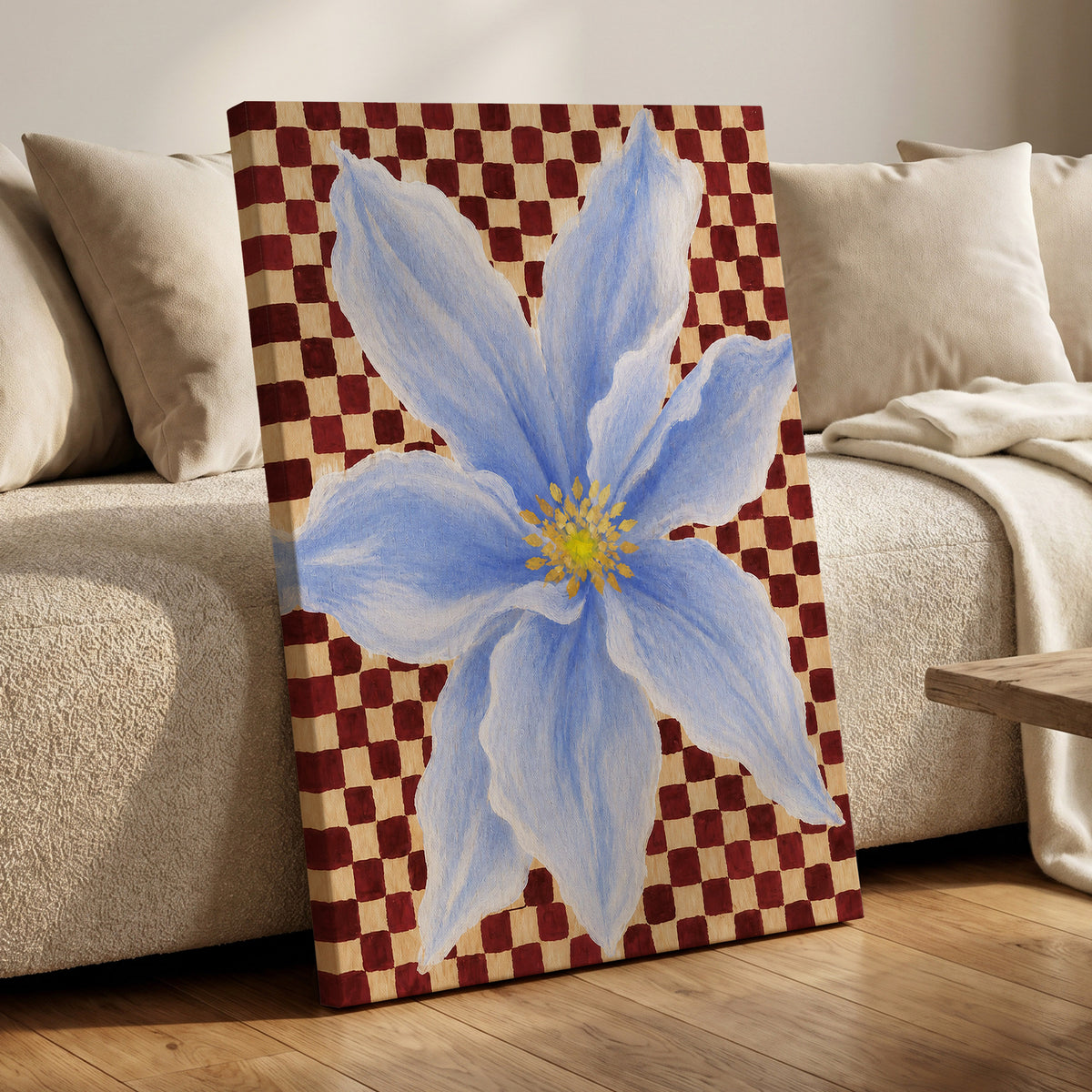 Blue Bloom Checkmate, blue, white, red floral wall art displayed in a styled interior, gallery view 7