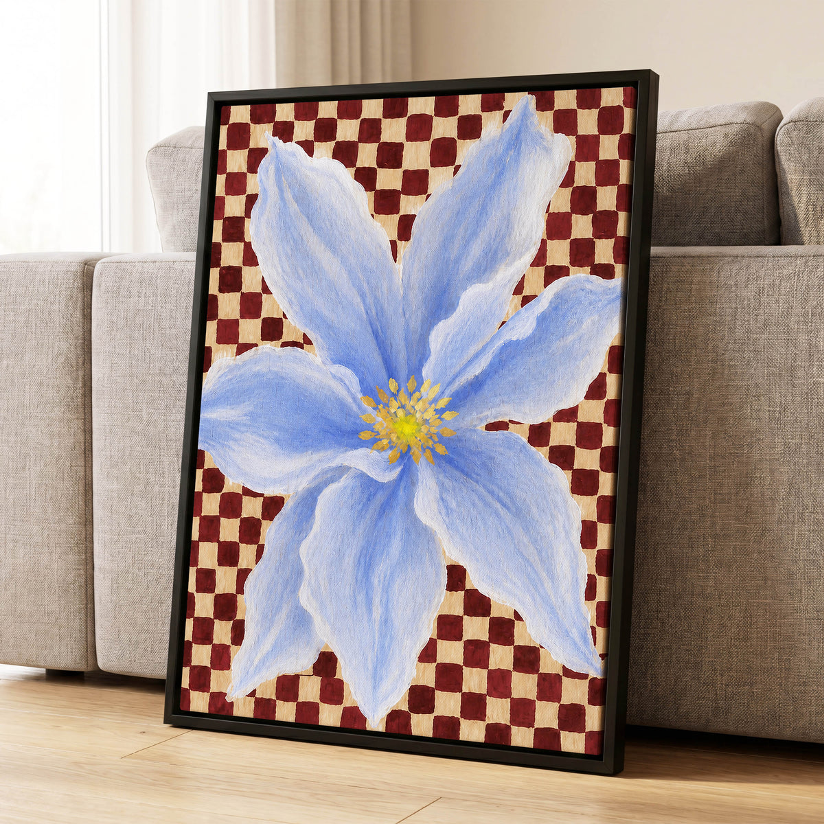 Blue Bloom Checkmate, blue, white, red floral wall art displayed in a styled interior, gallery view 8