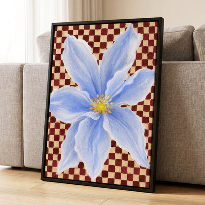 Blue Bloom Checkmate, blue, white, red floral wall art displayed in a styled interior, gallery view 8