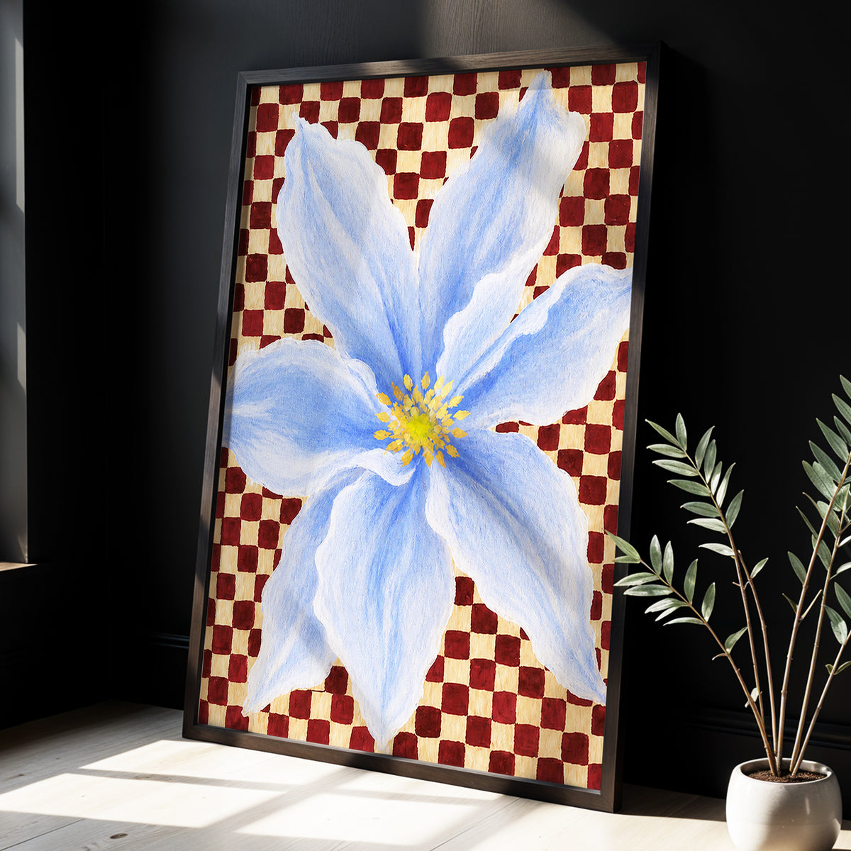 Blue Bloom Checkmate, blue, white, red floral wall art displayed in a styled interior, gallery view 9