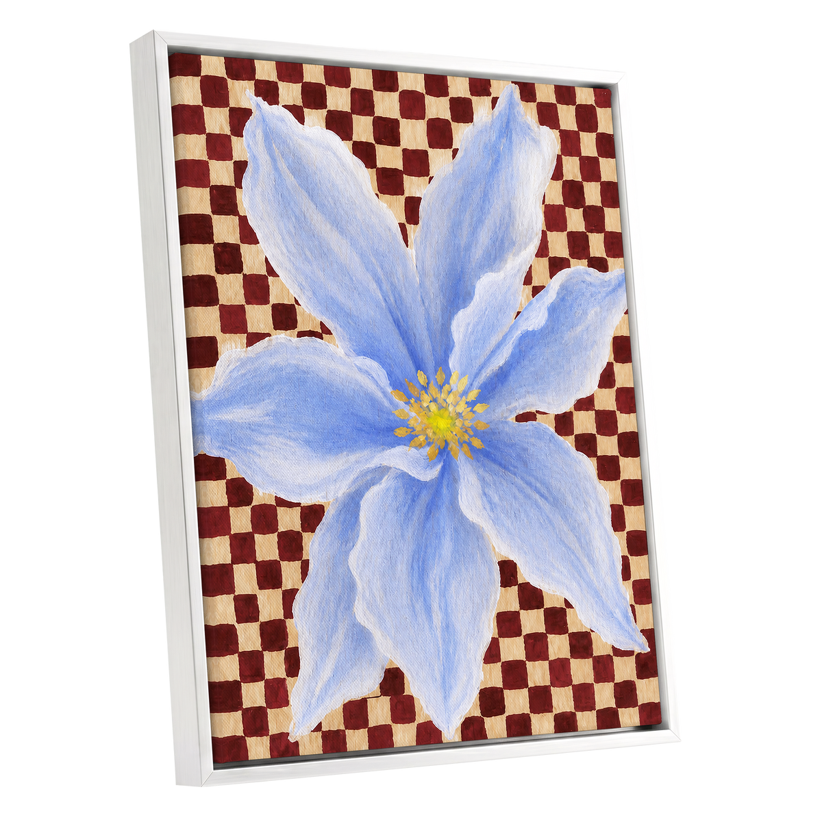 Blue Bloom Checkmate, blue, white, red floral wall art shown as a white framed canvas wall art