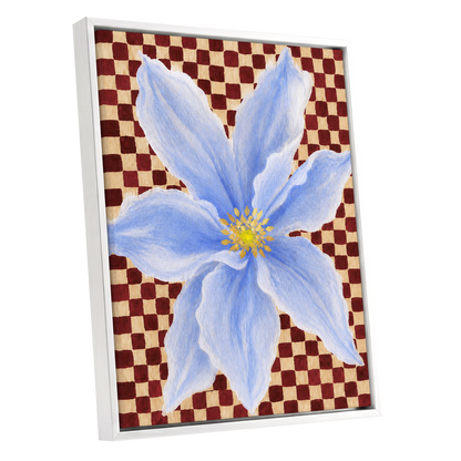 Blue Bloom Checkmate, blue, white, red floral wall art shown as a white framed canvas wall art