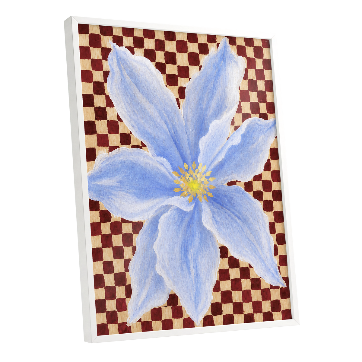 Blue Bloom Checkmate, blue, white, red floral wall art shown as a white framed poster wall art print