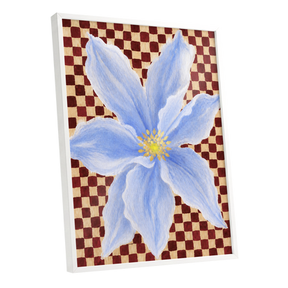 Blue Bloom Checkmate, blue, white, red floral wall art shown as a white framed poster wall art print