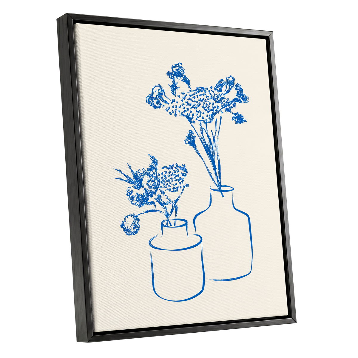 Blue Bloom Duet, blue, beige, white floral wall art shown as a black framed canvas wall art