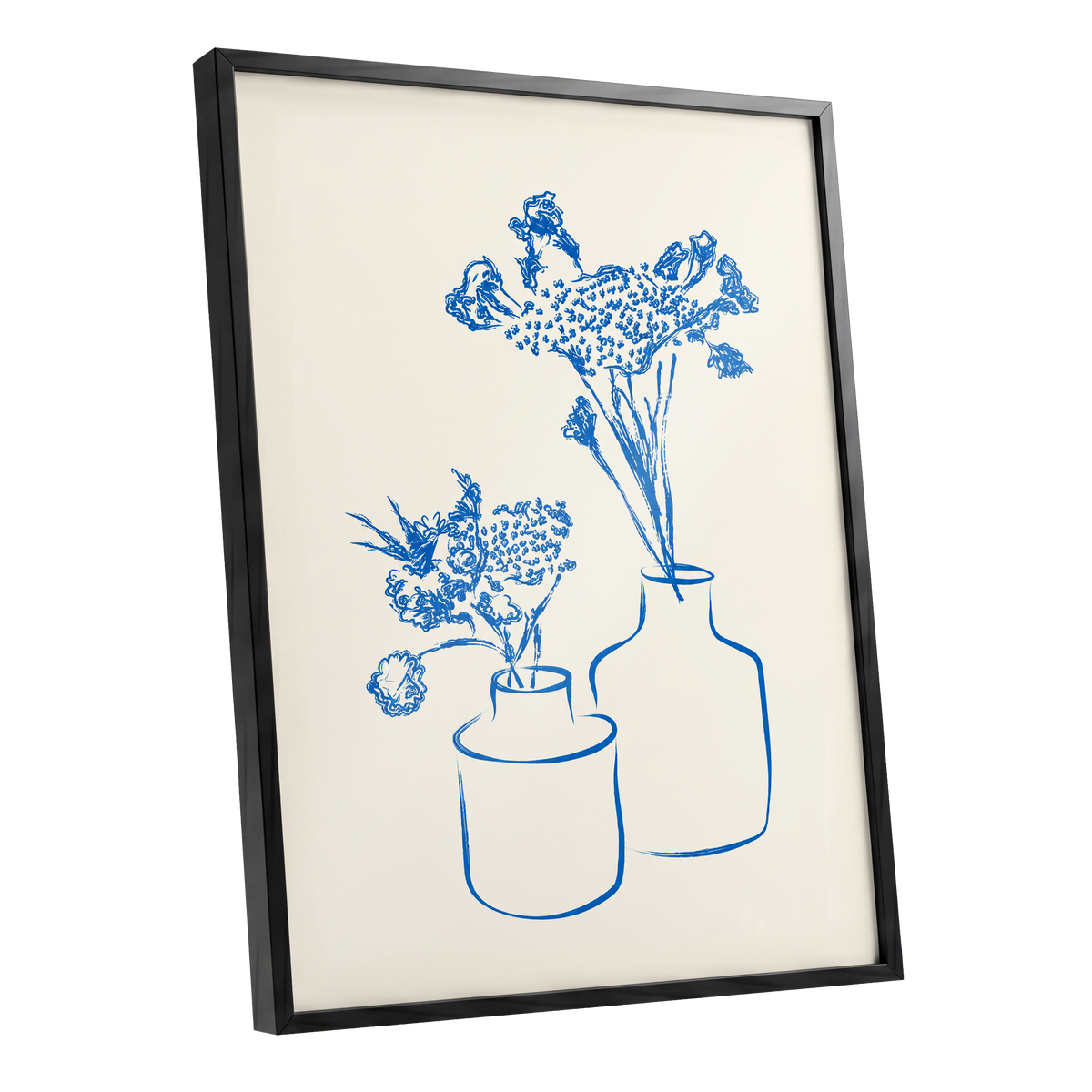 Blue Bloom Duet, blue, beige, white floral wall art shown as a black framed poster wall art print
