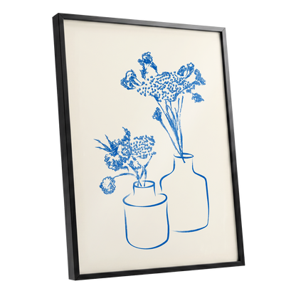 Blue Bloom Duet, blue, beige, white floral wall art shown as a black framed poster wall art print