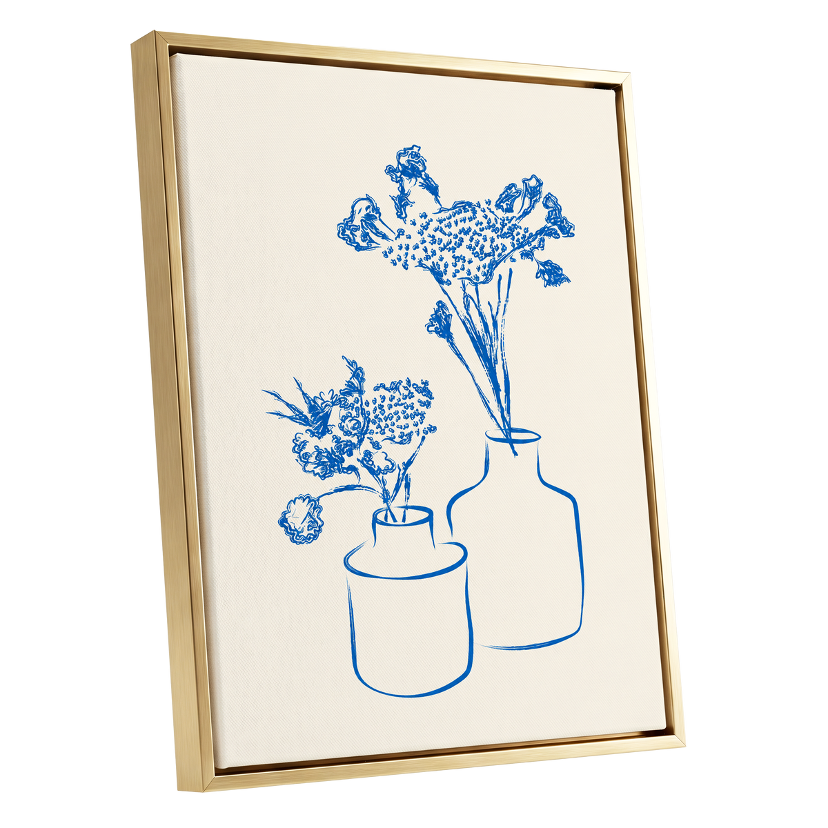 Blue Bloom Duet, blue, beige, white floral wall art shown as a gold framed canvas wall art
