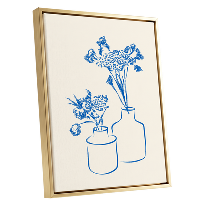 Blue Bloom Duet, blue, beige, white floral wall art shown as a gold framed canvas wall art