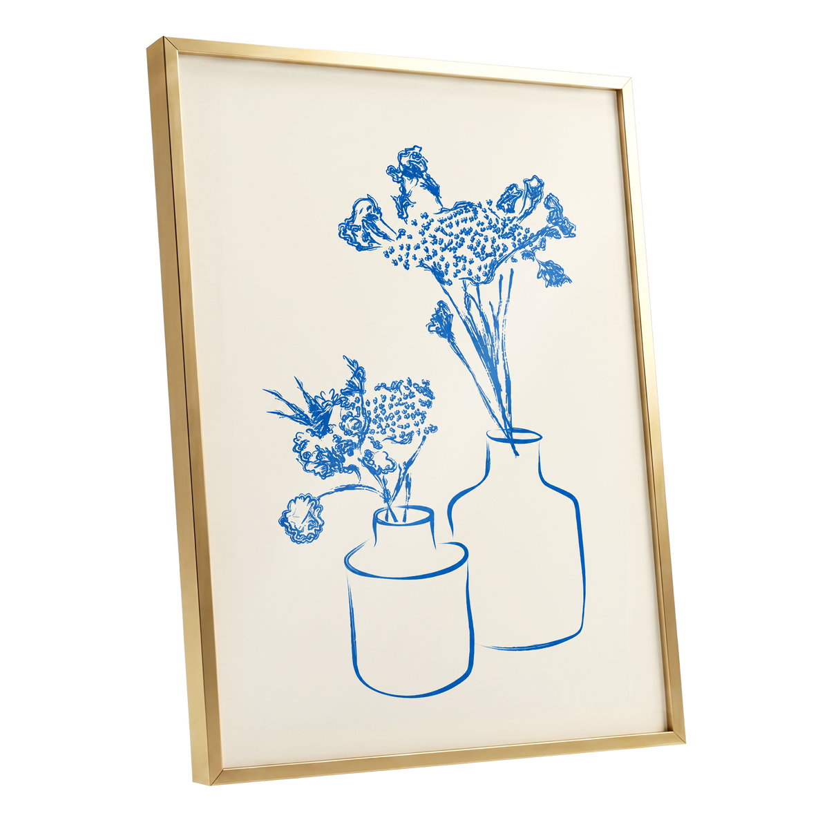 Blue Bloom Duet, blue, beige, white floral wall art shown as a gold framed poster wall art print