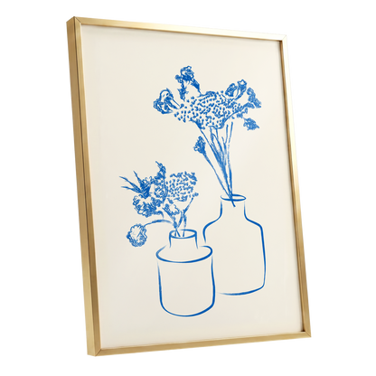 Blue Bloom Duet, blue, beige, white floral wall art shown as a gold framed poster wall art print