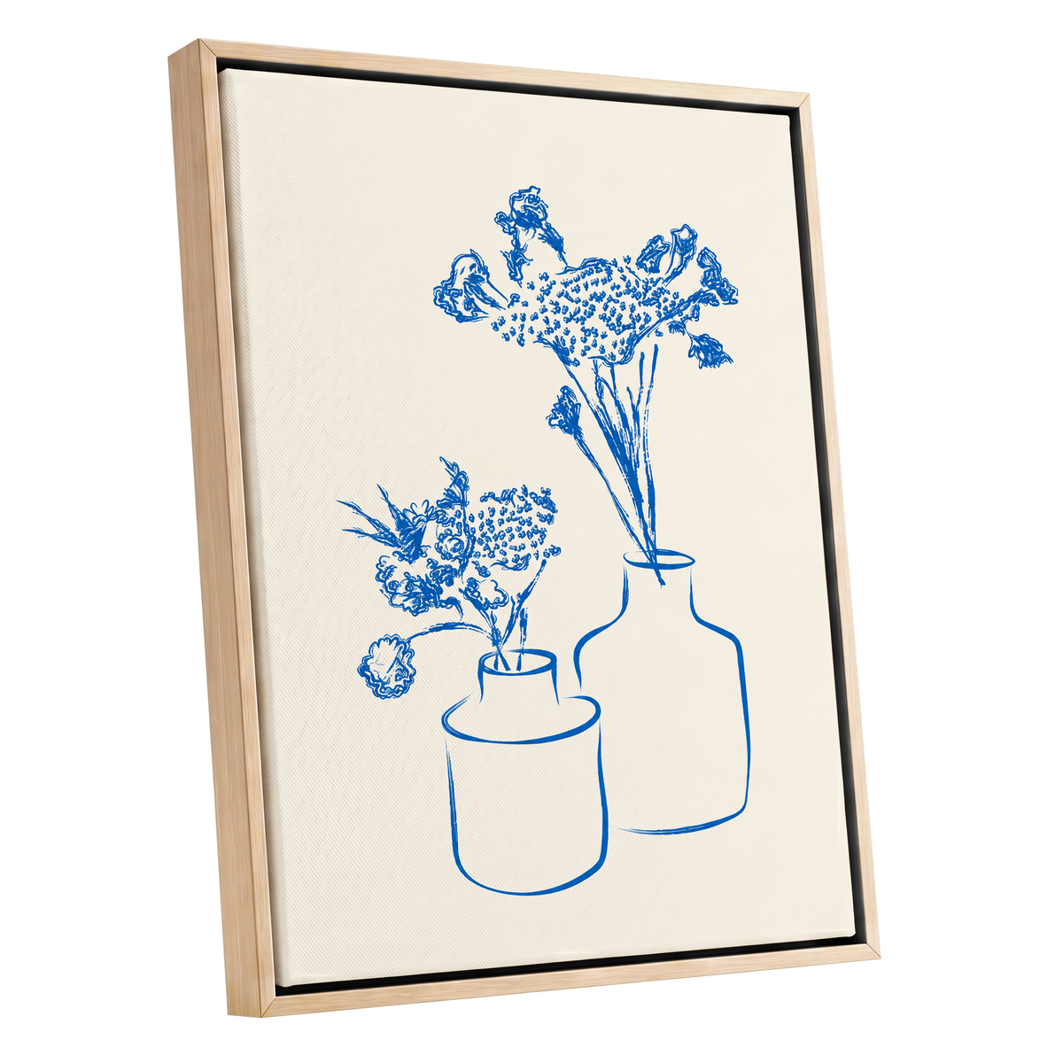 Blue Bloom Duet, blue, beige, white floral wall art shown as a oak framed canvas wall art