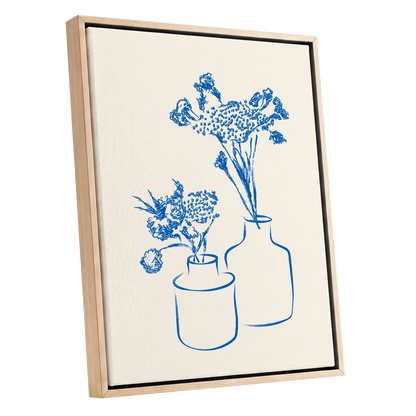 Blue Bloom Duet, blue, beige, white floral wall art shown as a oak framed canvas wall art