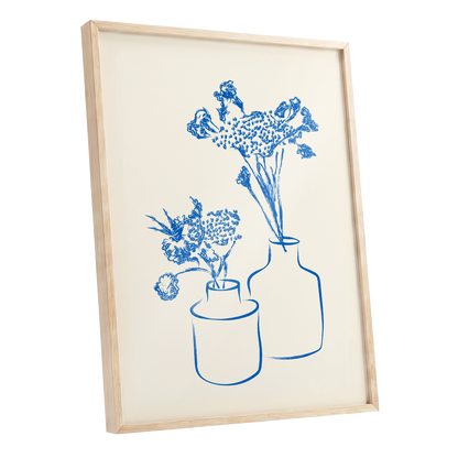Blue Bloom Duet, blue, beige, white floral wall art shown as a oak framed poster wall art print