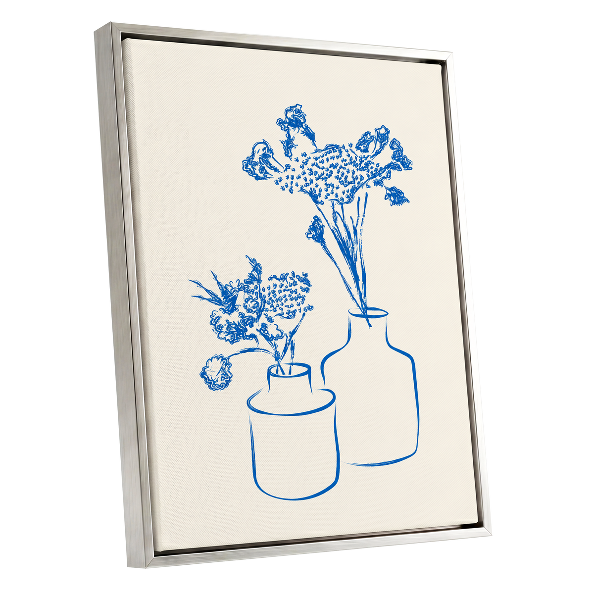 Blue Bloom Duet, blue, beige, white floral wall art shown as a silver framed canvas wall art