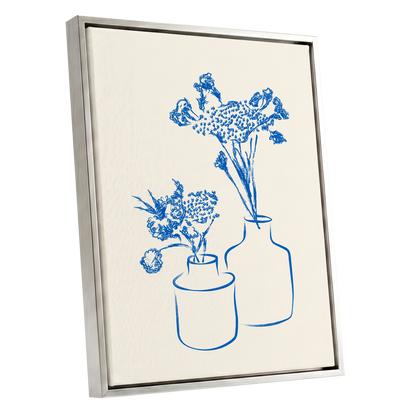 Blue Bloom Duet, blue, beige, white floral wall art shown as a silver framed canvas wall art