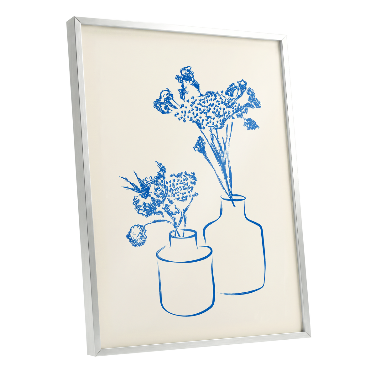 Blue Bloom Duet, blue, beige, white floral wall art shown as a silver framed poster wall art print