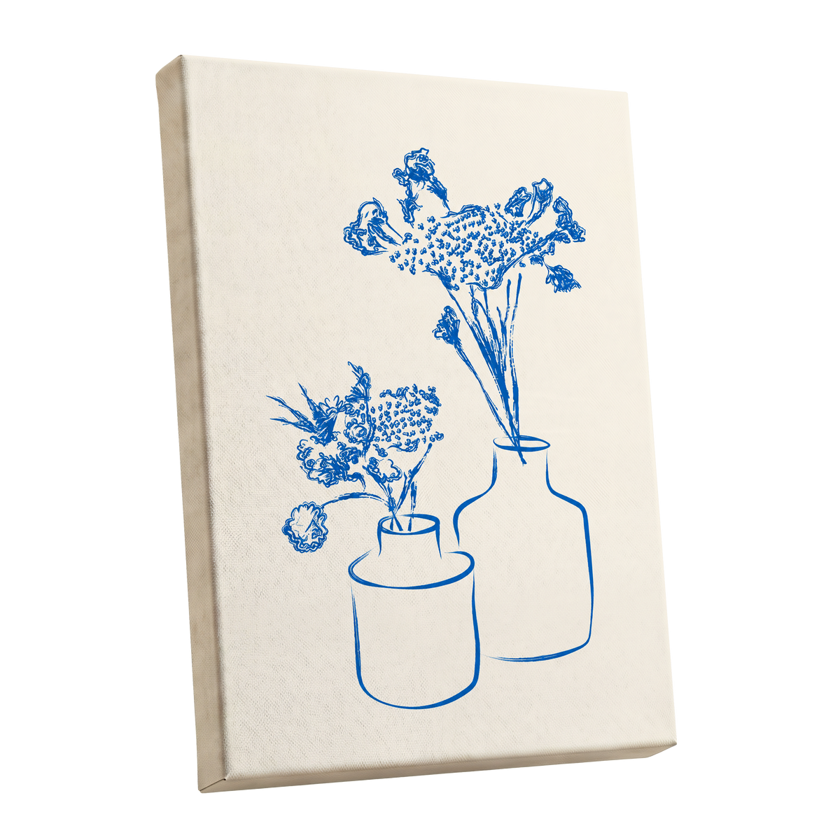 Blue Bloom Duet, blue, beige, white floral wall art shown as a stretched canvas wall art