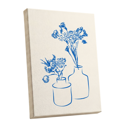Blue Bloom Duet, blue, beige, white floral wall art shown as a stretched canvas wall art