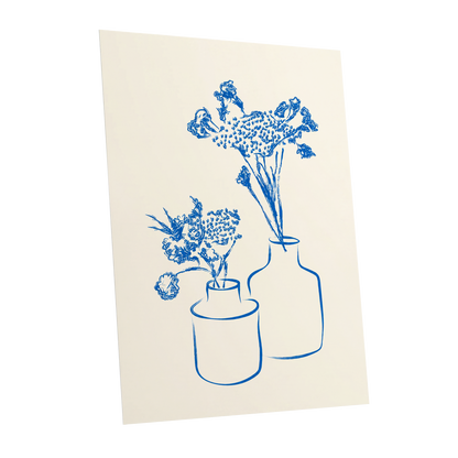 Blue Bloom Duet, blue, beige, white floral wall art shown as a unframed poster wall art print