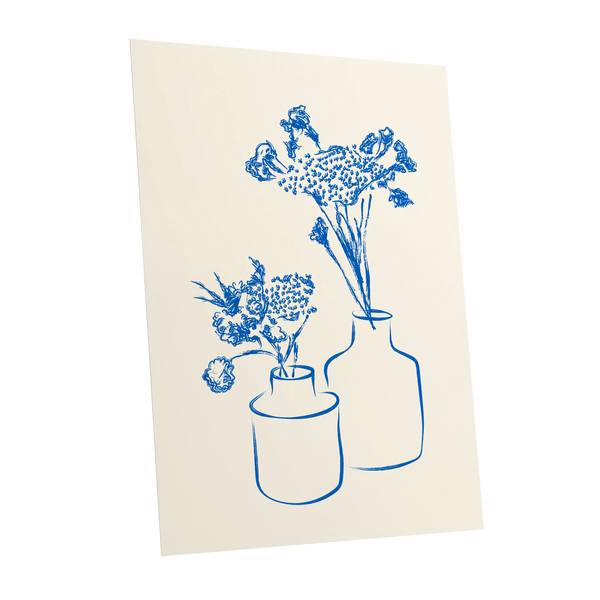 Blue Bloom Duet, blue, beige, white floral wall art shown as a unframed poster wall art print