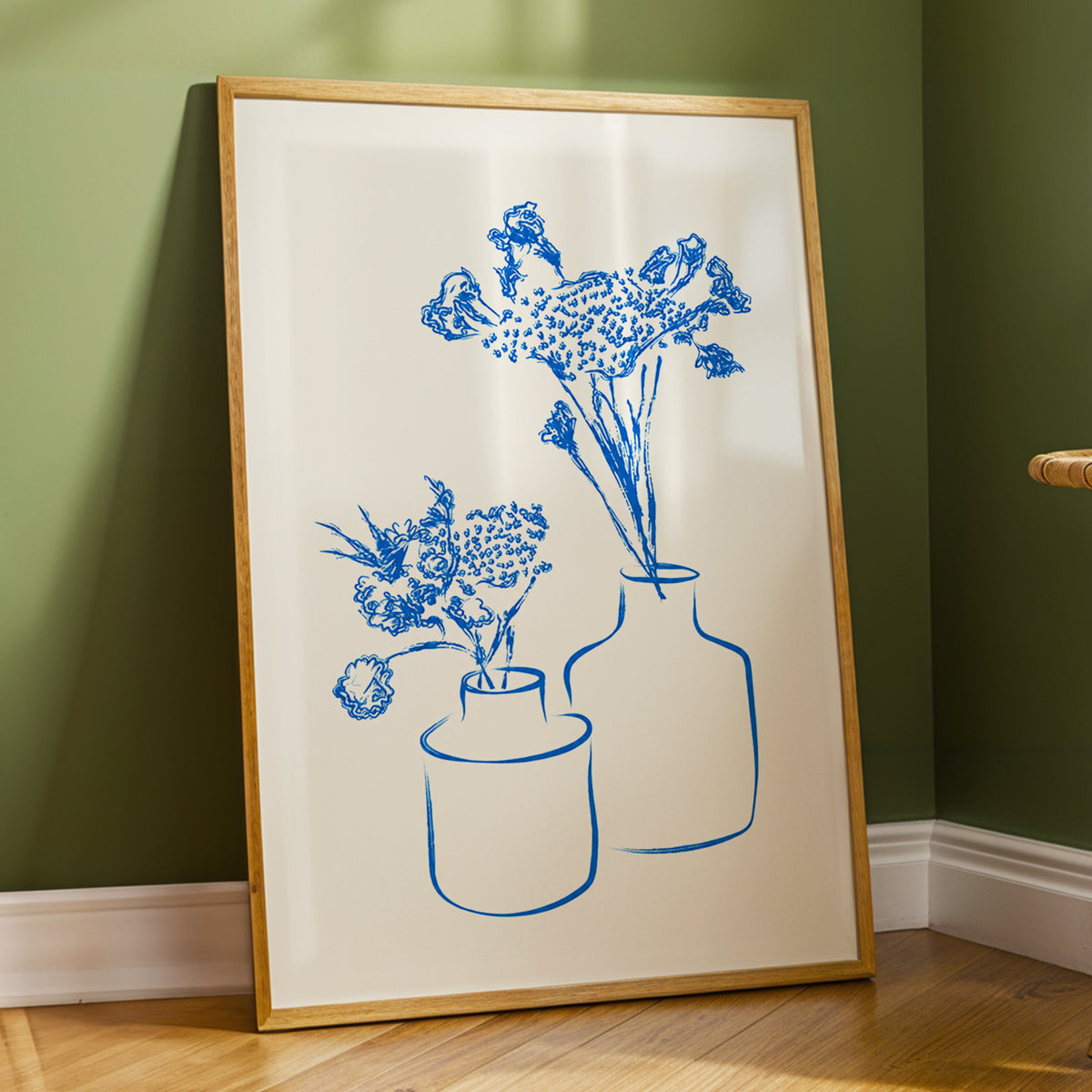 Blue Bloom Duet, blue, beige, white floral wall art displayed in a styled interior, gallery view 2