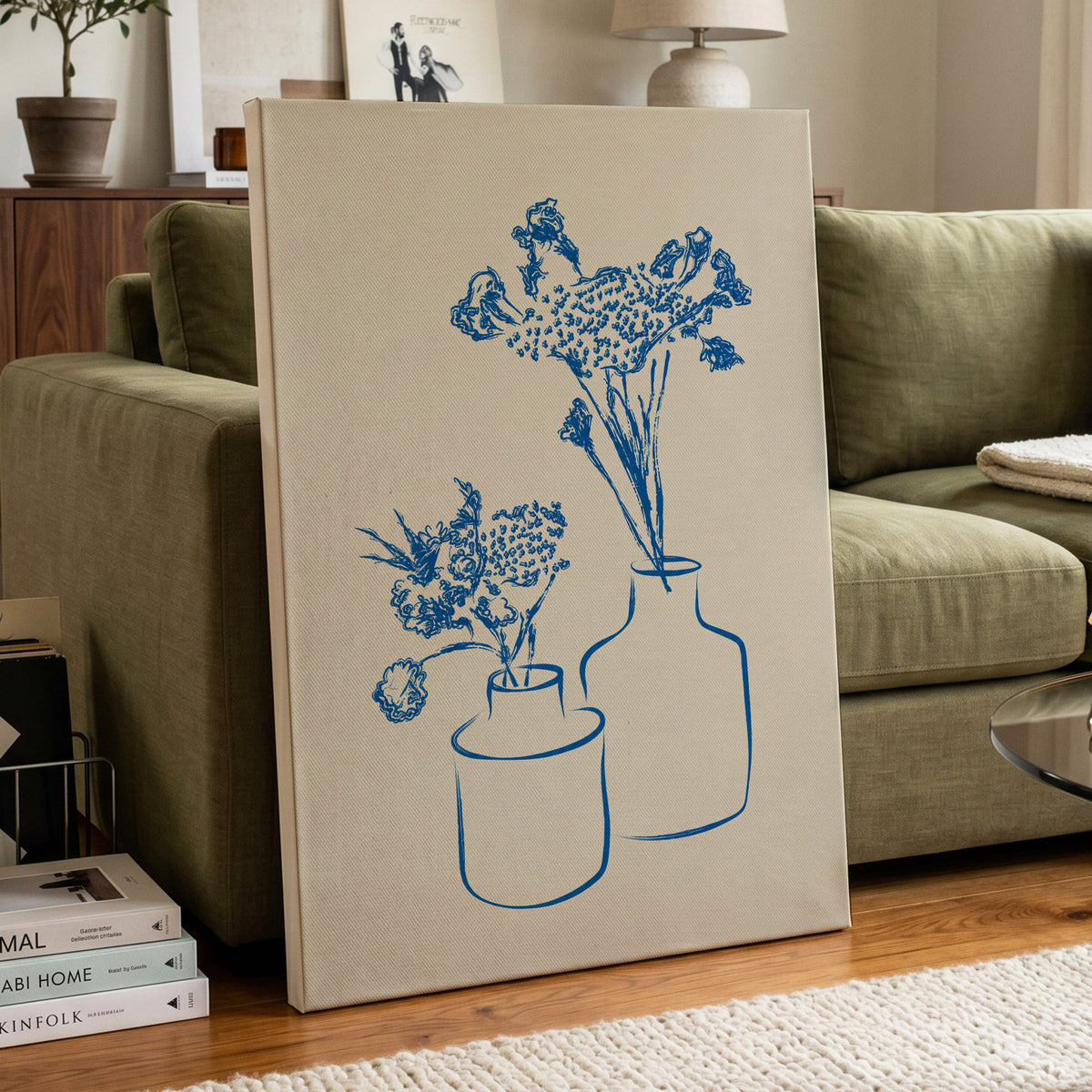 Blue Bloom Duet, blue, beige, white floral wall art displayed in a styled interior, gallery view 3