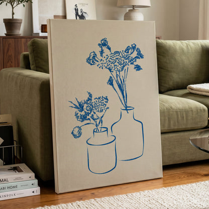 Blue Bloom Duet, blue, beige, white floral wall art displayed in a styled interior, gallery view 3