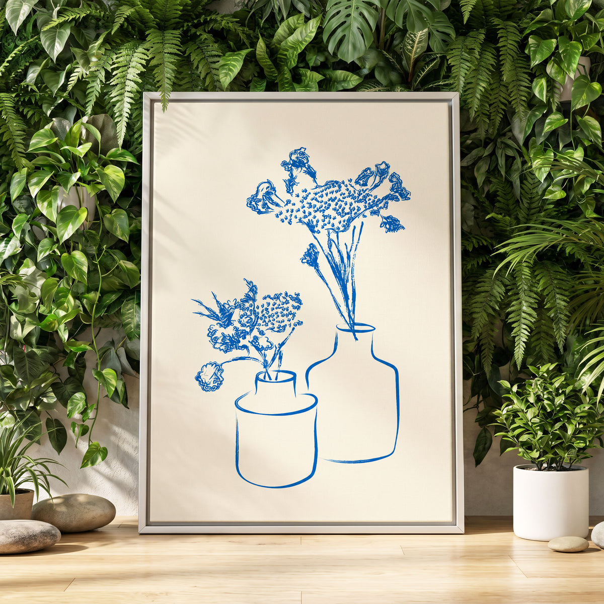 Blue Bloom Duet, blue, beige, white floral wall art displayed in a styled interior, gallery view 4