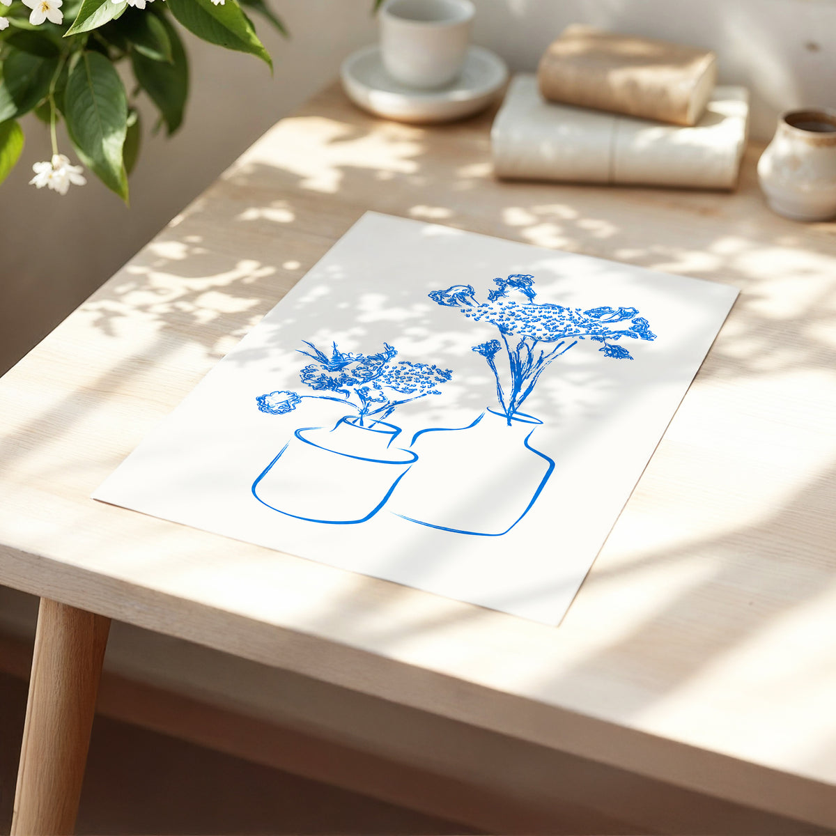 Blue Bloom Duet, blue, beige, white floral wall art displayed in a styled interior, gallery view 5