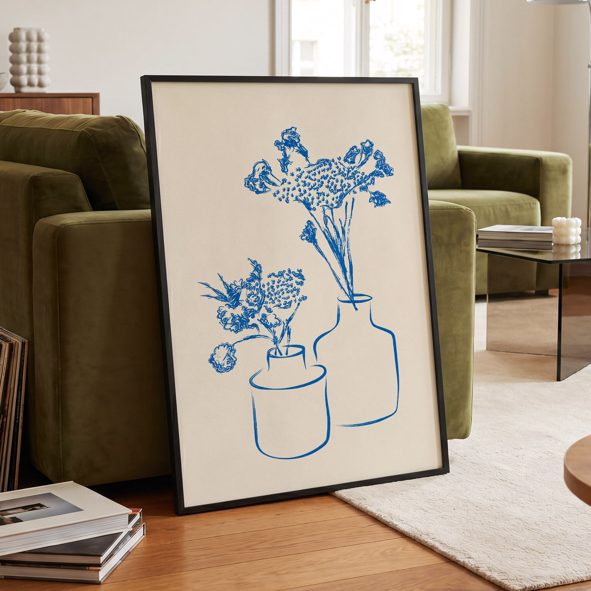 Blue Bloom Duet, blue, beige, white floral wall art displayed in a styled interior, gallery view 6