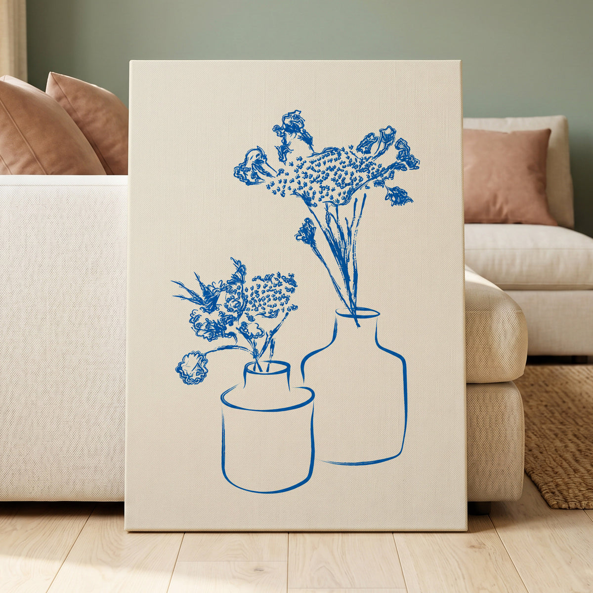 Blue Bloom Duet, blue, beige, white floral wall art displayed in a styled interior, gallery view 7
