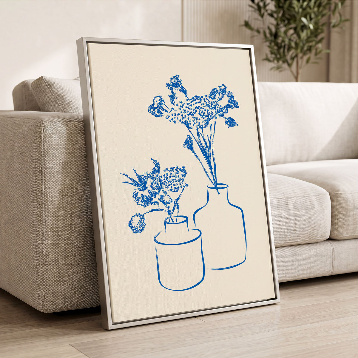 Blue Bloom Duet, blue, beige, white floral wall art displayed in a styled interior, gallery view 8