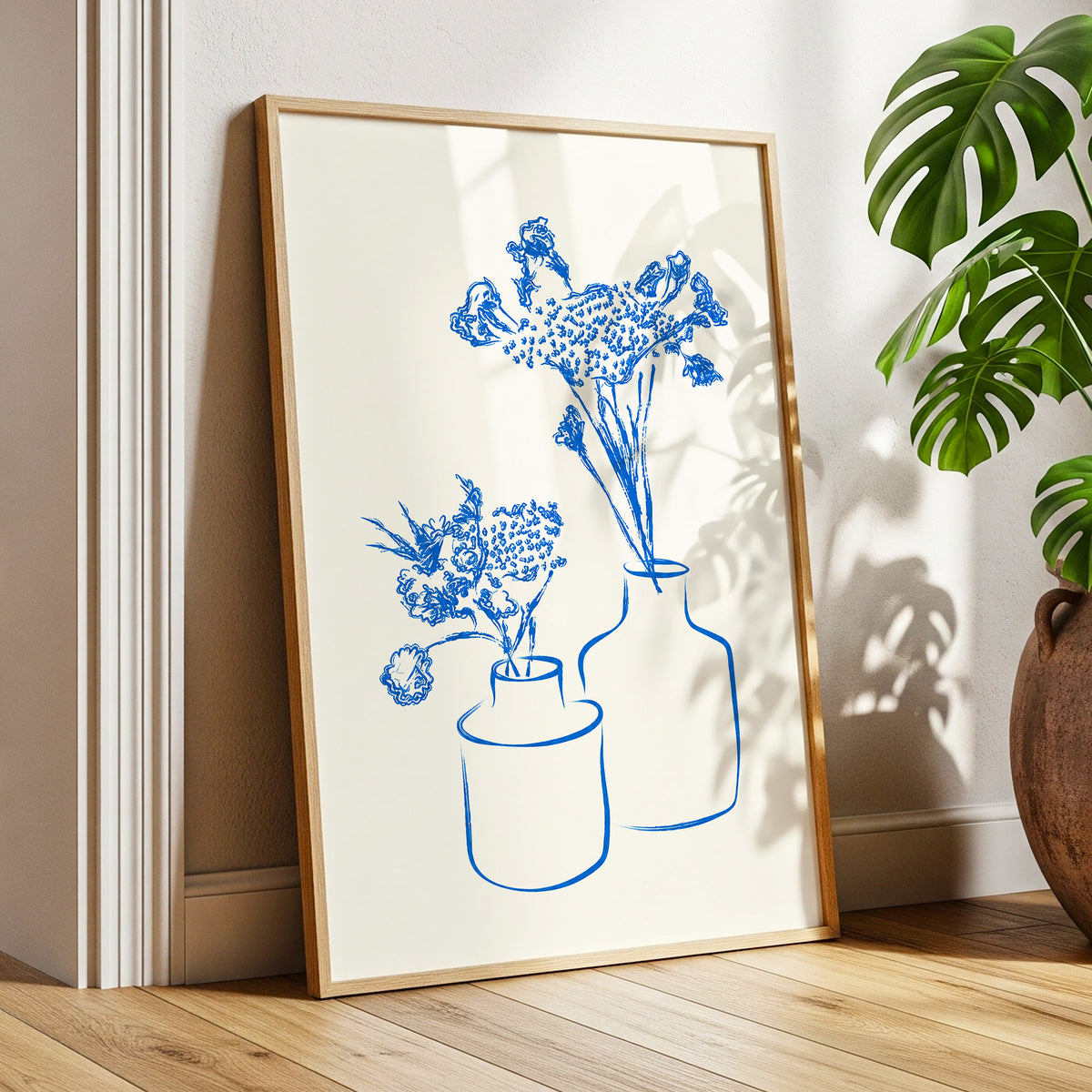 Blue Bloom Duet, blue, beige, white floral wall art displayed in a styled interior, gallery view 9