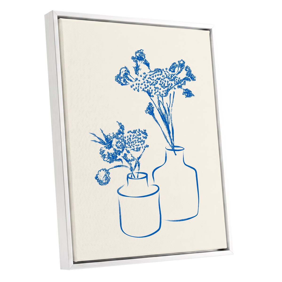 Blue Bloom Duet, blue, beige, white floral wall art shown as a white framed canvas wall art