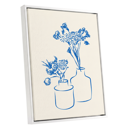 Blue Bloom Duet, blue, beige, white floral wall art shown as a white framed canvas wall art