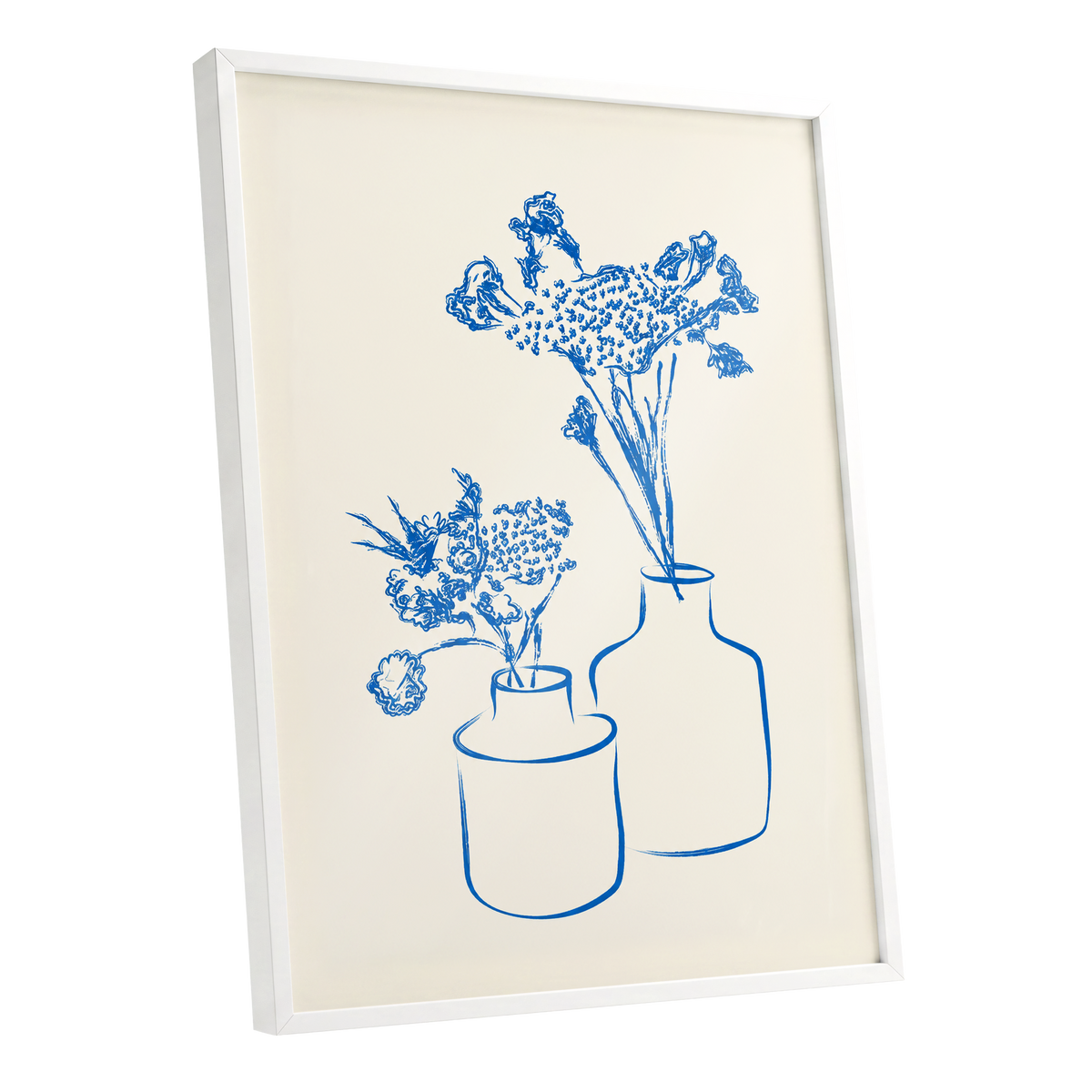Blue Bloom Duet, blue, beige, white floral wall art shown as a white framed poster wall art print