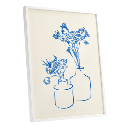 Blue Bloom Duet, blue, beige, white floral wall art shown as a white framed poster wall art print