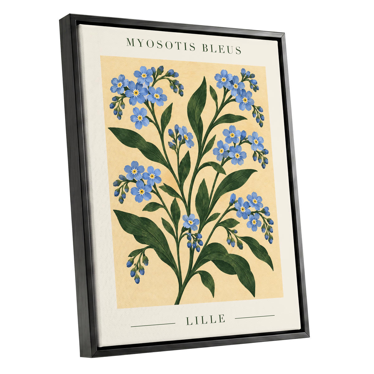 Blue Blooms of Lille, blue, green, beige floral wall art shown as a black framed canvas wall art